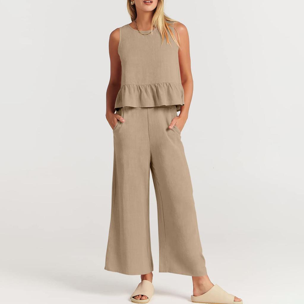 Women's Summer 2-Piece Set Sleeveless Ruffle Tank Top Cropped Top And Wide-Leg Pants Loun-ge Set With Pockets