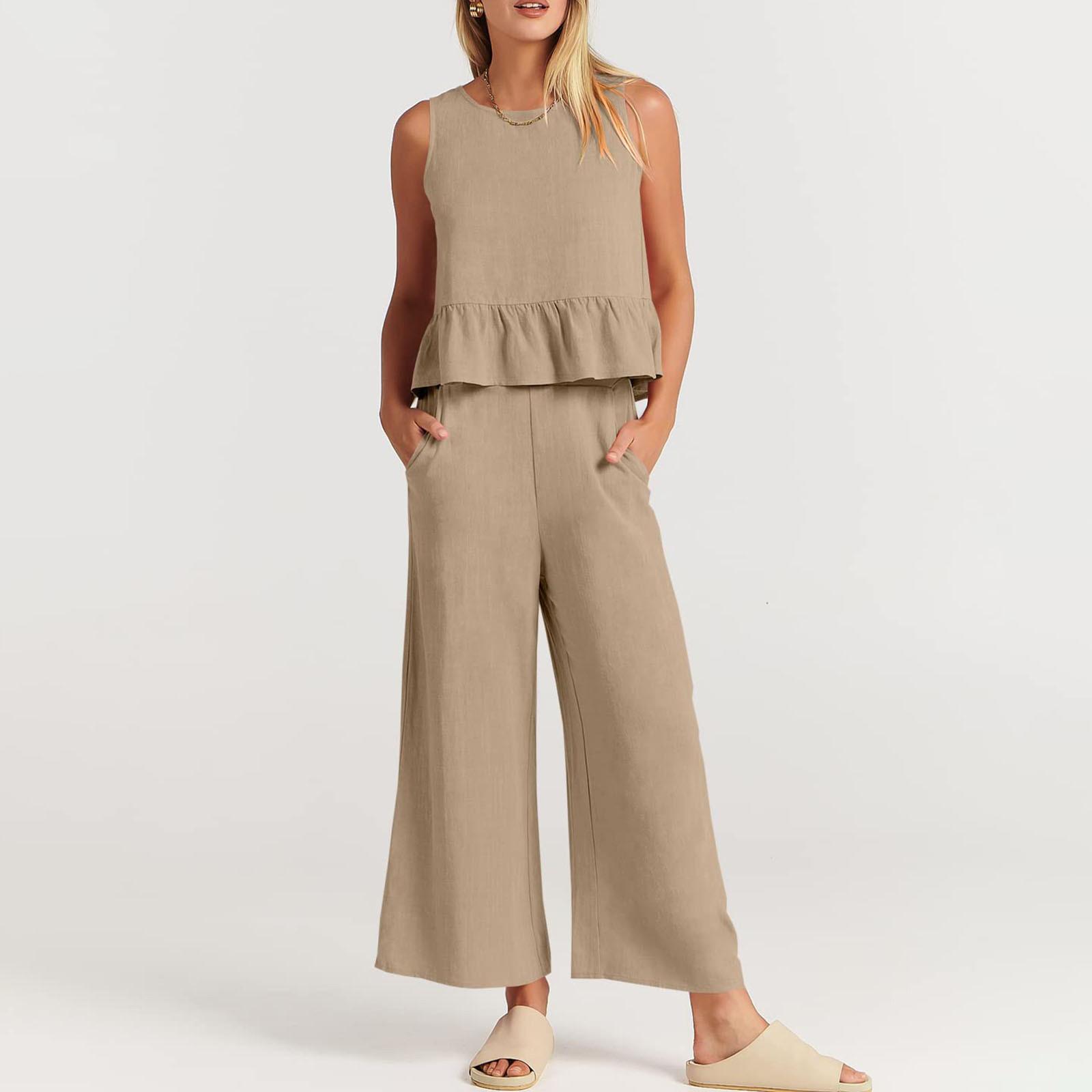 

Women s Summer 2-Piece Set Sleeveless Ruffle Tank Top Cropped Top And Wide-Leg Pants Loun-ge Set With Pockets XL хакі