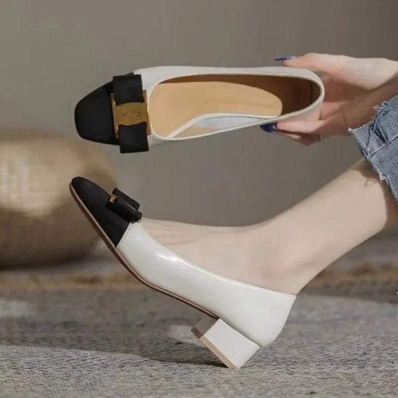 Fashion New Women Shoes Elegant Dress Shoes Patent Leather Slip-On Boat Shoes Square Toe Women's Shoe Bow Tie