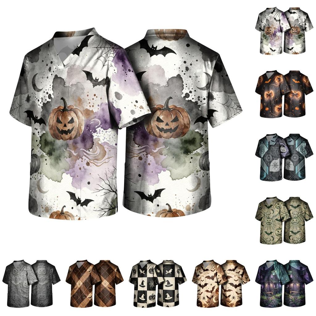 Men's Halloween Print Medical Scrub Top V Neck Pocket Comfortable Fit Daily Workwear for Healthcare Professionals