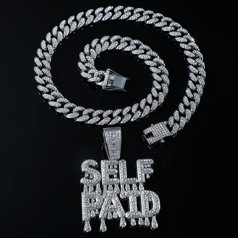 Men's Hip Hop Letter SELF PAID Pendant Necklace With 13mm Cuban Chain HipHop Iced Out Bling Necklaces Fashion Charm Jewelry Gift