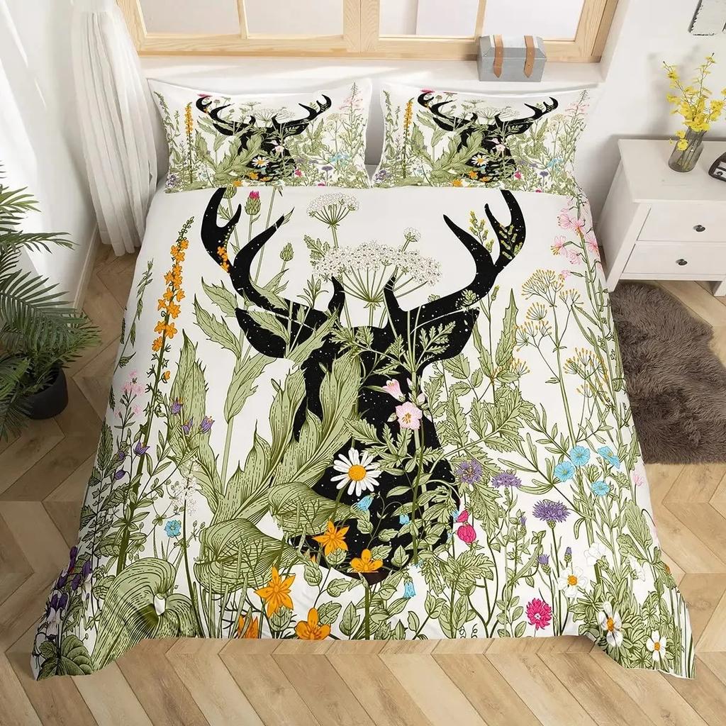 Deer Skull Rose Flowers And Feathers Duvet Cover Set Boho Dreamcatcher Bedding Sets With Floral Skull Head Comforter Cover Set