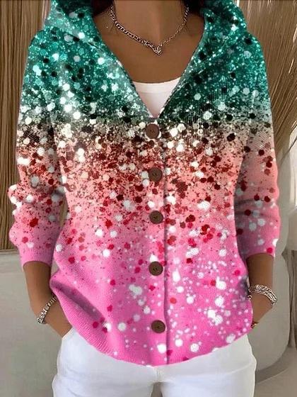New V-neck button long-sleeved hooded sweater autumn and winter Christmas fashion personalized coat women