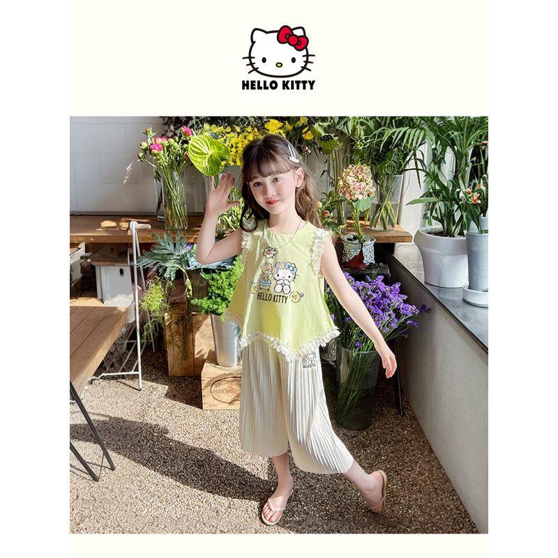 Hellokitty Girls Summer Suit 2025 New Lace-Edged Short-Sleeved Draped Pants Kidsren's Summer Two-Piece Set