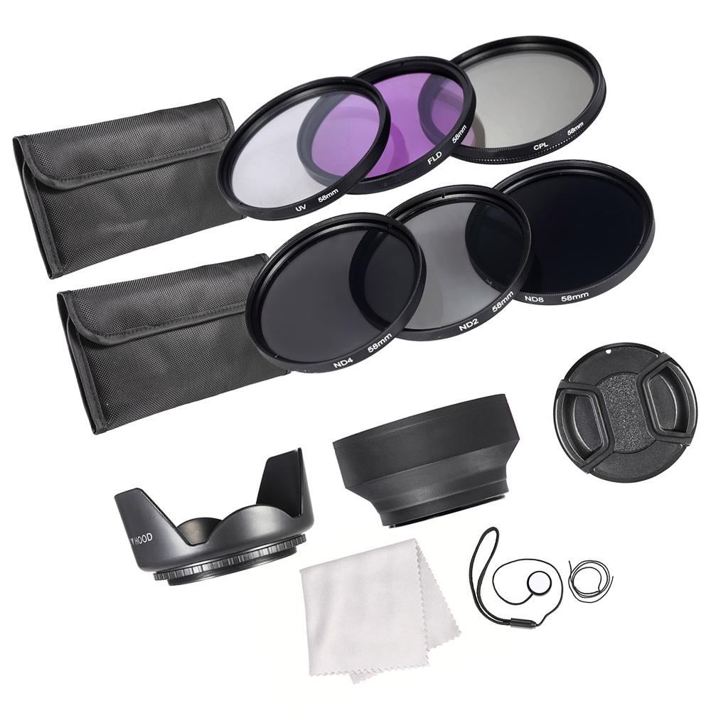 58mm Lens Filter Kit UV+CPL+FLD+ND(ND2 ND4 ND8) with Carry Pouch   Lens Cap   Lens Cap Holder   Tulip & Rubber Lens