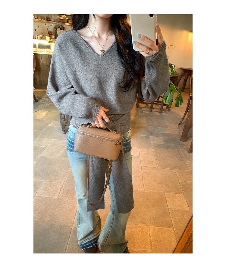 Light High-Waisted V-Neck Knit Sweater with Tie-Up for Women - Autumn/Winter Loose Slimming Trendy Top