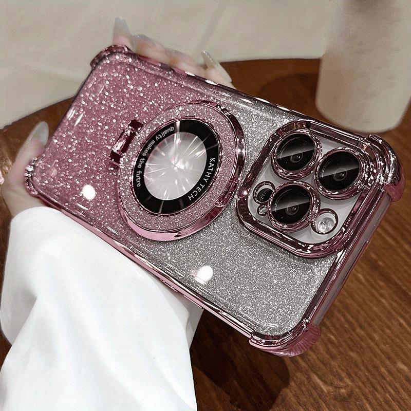 Luksus Plating Magnetisk Holder Glitter Deksel for iPhone 17 Air 16 15 14 13 12 11 Pro Max Plus Trådløs Lading Gjennomsiktig Deksel