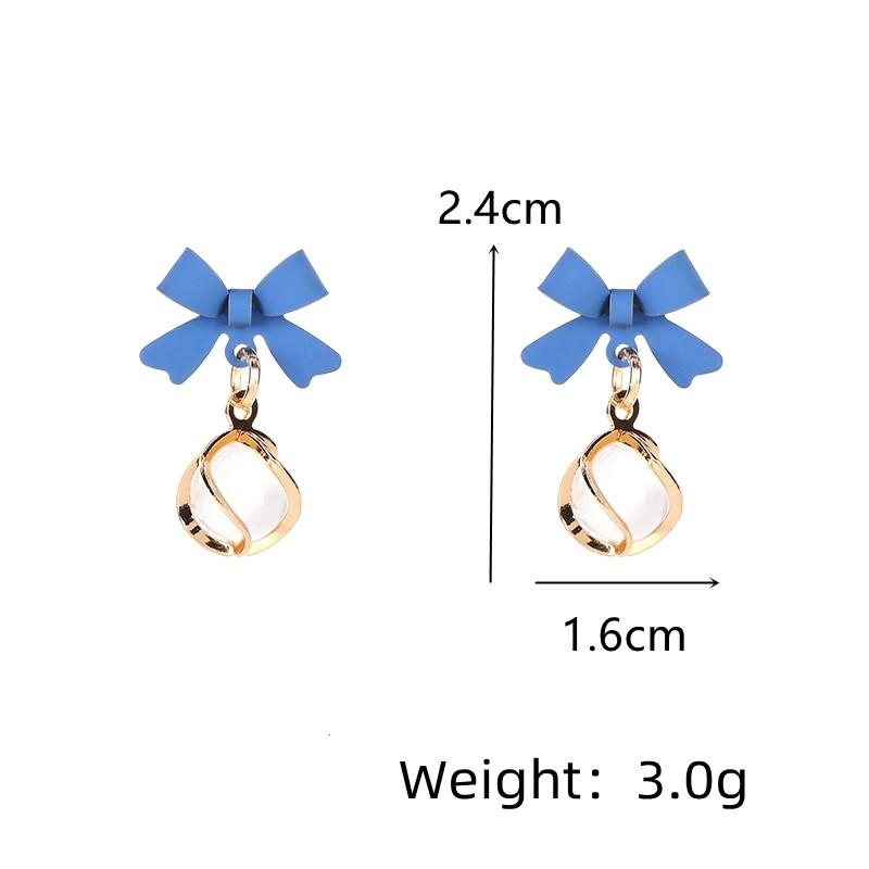 Sweet Round Opal Dangle Earrings for Women Party Golden Color Twist Metal Jewelry Trendy Korean Blue Bow Drop Earrings