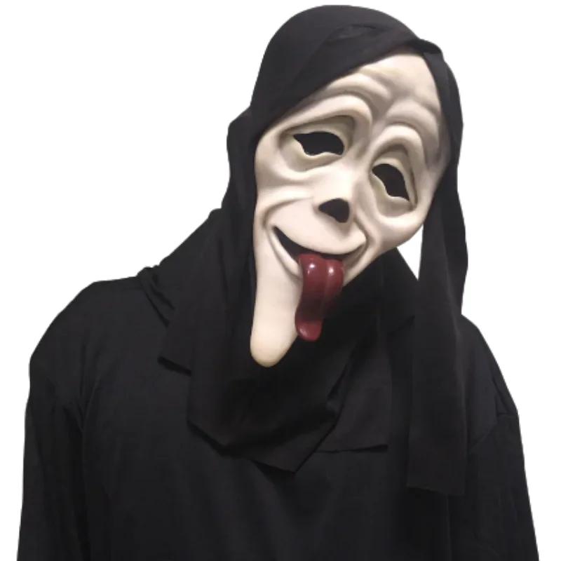 Halloween Mask Natural Latex Red Tongue Scream Mask Death God Horror Full Head Mask Halloween Party Costume Cosplay Prop
