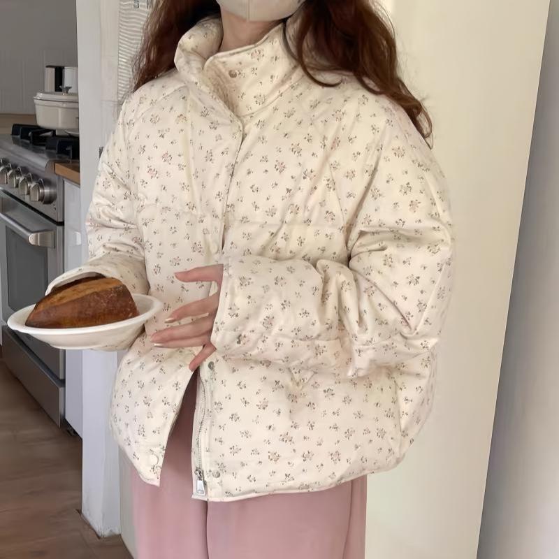 Winter Floral Down Padded Jacket Women's Jacket Loose and Cute College Style Padded Jacket Padded Jacket To Keep Warm
