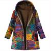 Printed Hooded Long Sleeve Coat Oversized Vintage Women Autumn Winter Warm Plush Jacket Casual