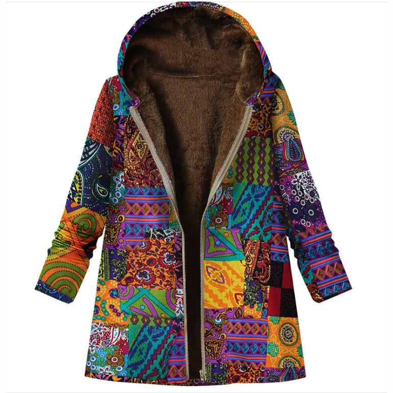 Printed Hooded Long Sleeve Coat Oversized Vintage Women Autumn Winter Warm Plush Jacket Casual