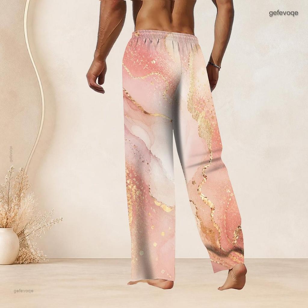 Men S Plus Size Pink Gold Printed Drawstring Waist Straight Leg Full Length Beach Pants With Pockets