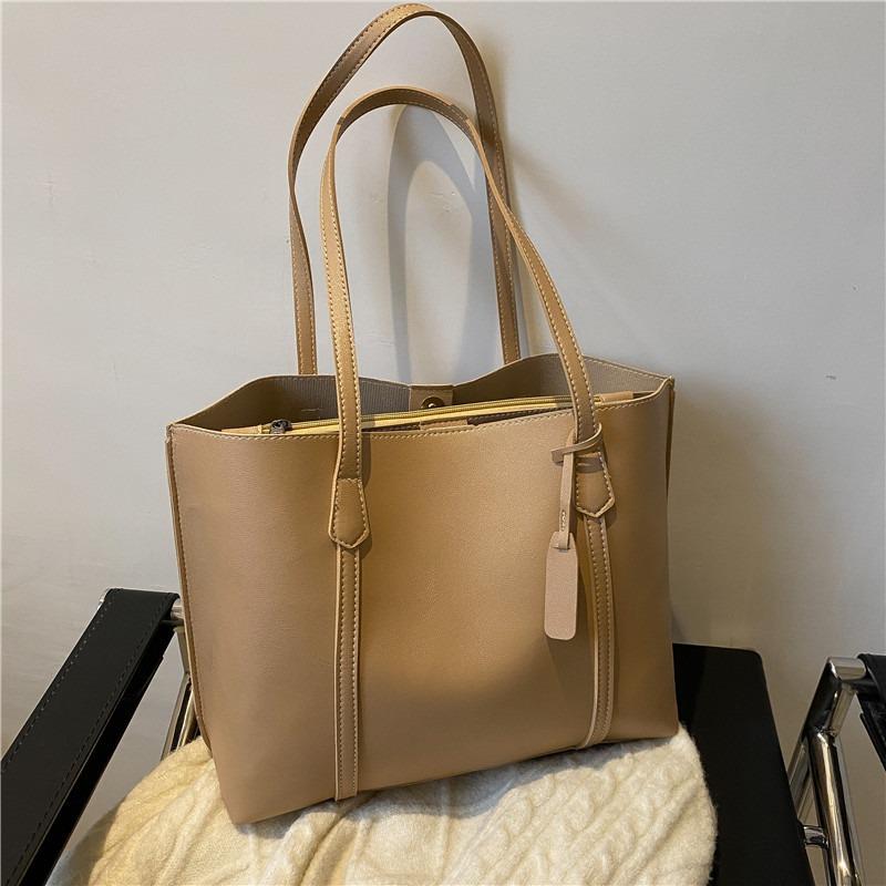 Simple Solid Color Large Capacity Tote Bag Casual Soft Leather Shoulder Bag for Women
