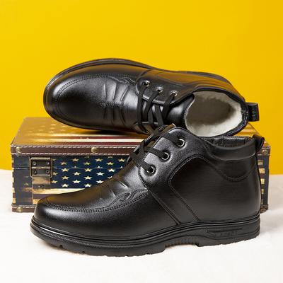 Chaussures d'hiver pour hommes en cuir véritable et laine vierge, chaussures décontractées montantes en coton avec velours chaud, semelle épaisse antidérapante, chaussures de neige