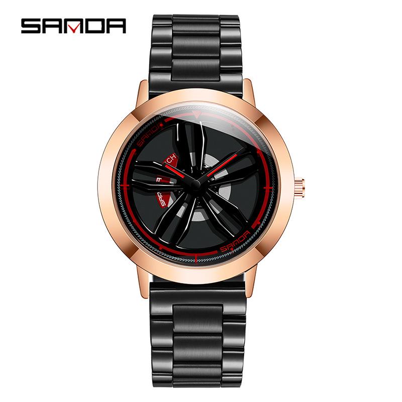 Sanda Men s Hollow Steel Band Business Quartz Watch with Creative Wheel & Rotating Sports Design