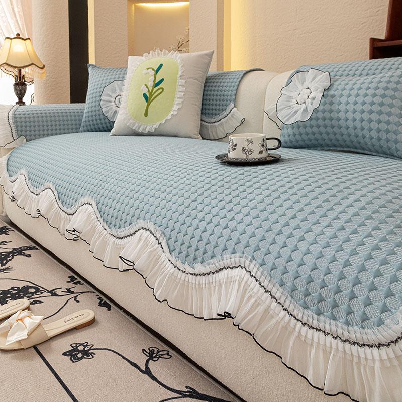 French New Cool Ice Silk All Season Anti-Slip Creamy Aesthetic Irregular Lacework Sofa Cushion Cover With Non-Slip Bottom