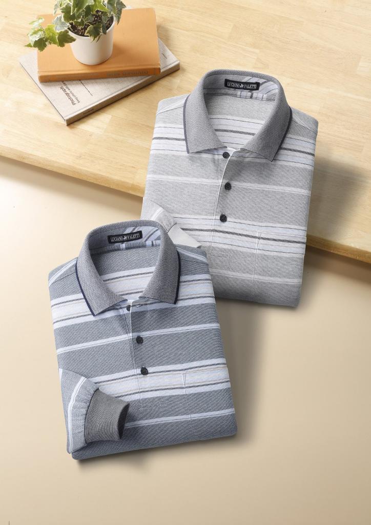 Polo Long Cotton Made in Blue [Little Island] Men's Shirt, L, Sleeve, Jacquard, Blend, Japan, Large, Stretch, Border, Cool, Father's Top, Knit, MEN,