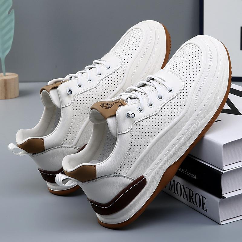 Summer hollow white shoes men's punched men's shoes casual leather shoes men's thick-soled versatile leather breathable board shoes tide