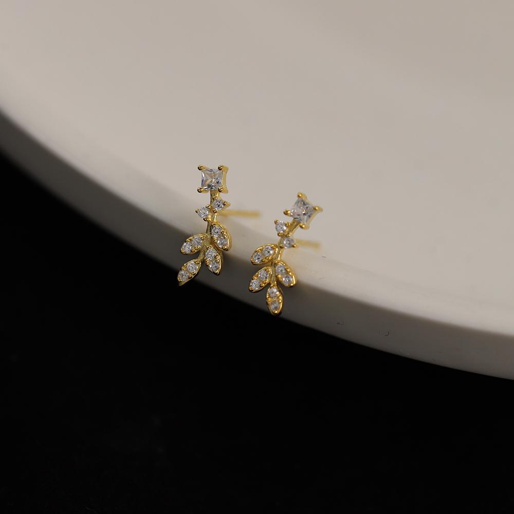 S925 Sterling Silver 14K Gold Plated Zircon Leaves Stud Earrings Korean Flower Plant Earrings Silver