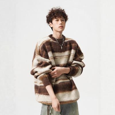 Maglione Girocollo Oversize Unisex in Mistura di Mohair Invernale Casual Lavorato a Maglia a Righe Pullover Adolescenti Adulti