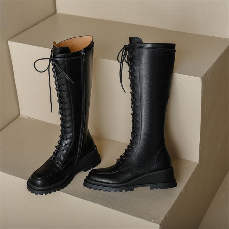 Mode Neue Keilabsatz-Plateau-Stiefel aus Spaltleder Damenstiefel Runde Zehen Lammfell Kurze Stiefel für Damen Hohe Absätze Winter Kniehohe Stiefel Damen