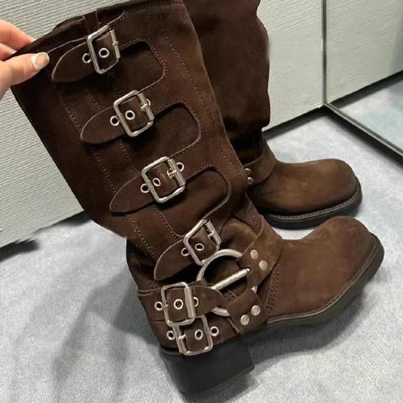 Soleist Luxury Women's Shoes High Quality Chunky Heel Buckle Vintage Motorcycle Boots Knee High Boots for Women Handmade Platform Boots