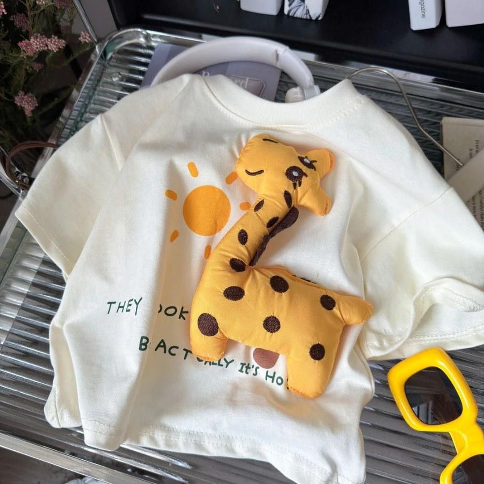 Unisex Koszulka Bawełniana dla Dzieci, Urocza Żyrafa 3D, Krótki Rękaw, Styl Letni