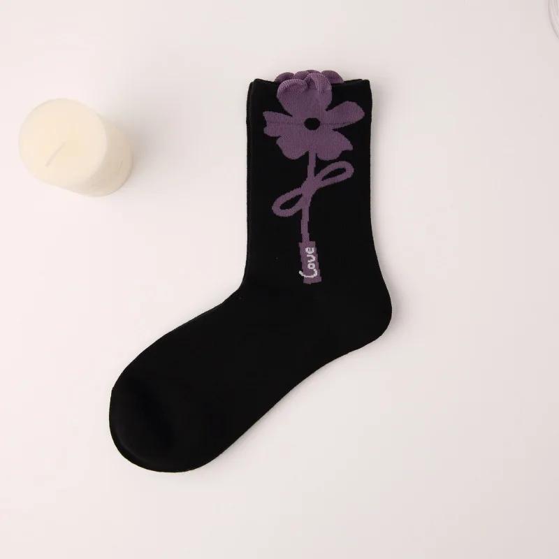 Women Socks Korean Japanese Style Cartoon Green Flower Harajuku Cute Kawaii Mid Tube Socks Breathable Casual Short  Cotton Socks