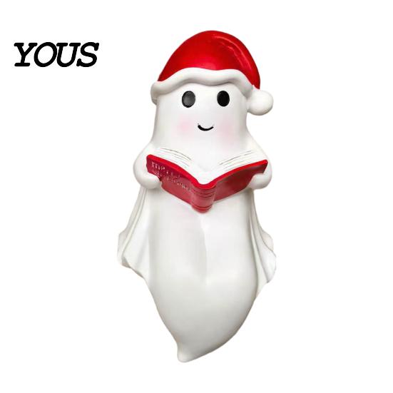 Cute Resin Ghost Figurine Reading Book Lamp, Christmas with Santa Hat, Atmosphere Night Lamp Warm Lighted Halloween Light for Bedroom, Shelf, Tabletop