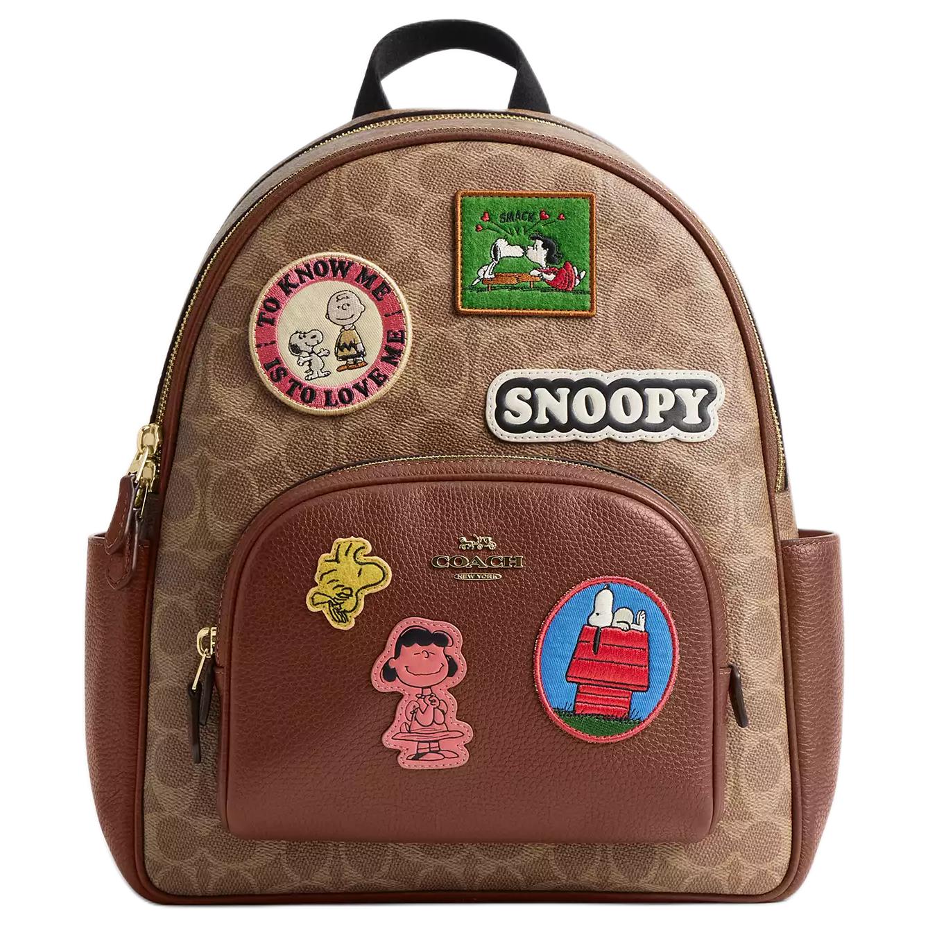 Coach Women's Brown X Peanuts Collaboration Court 28 Classic Logo Patch Coated Canvas Backpack Large Backpack Multicolor Cbm26-Imy3o