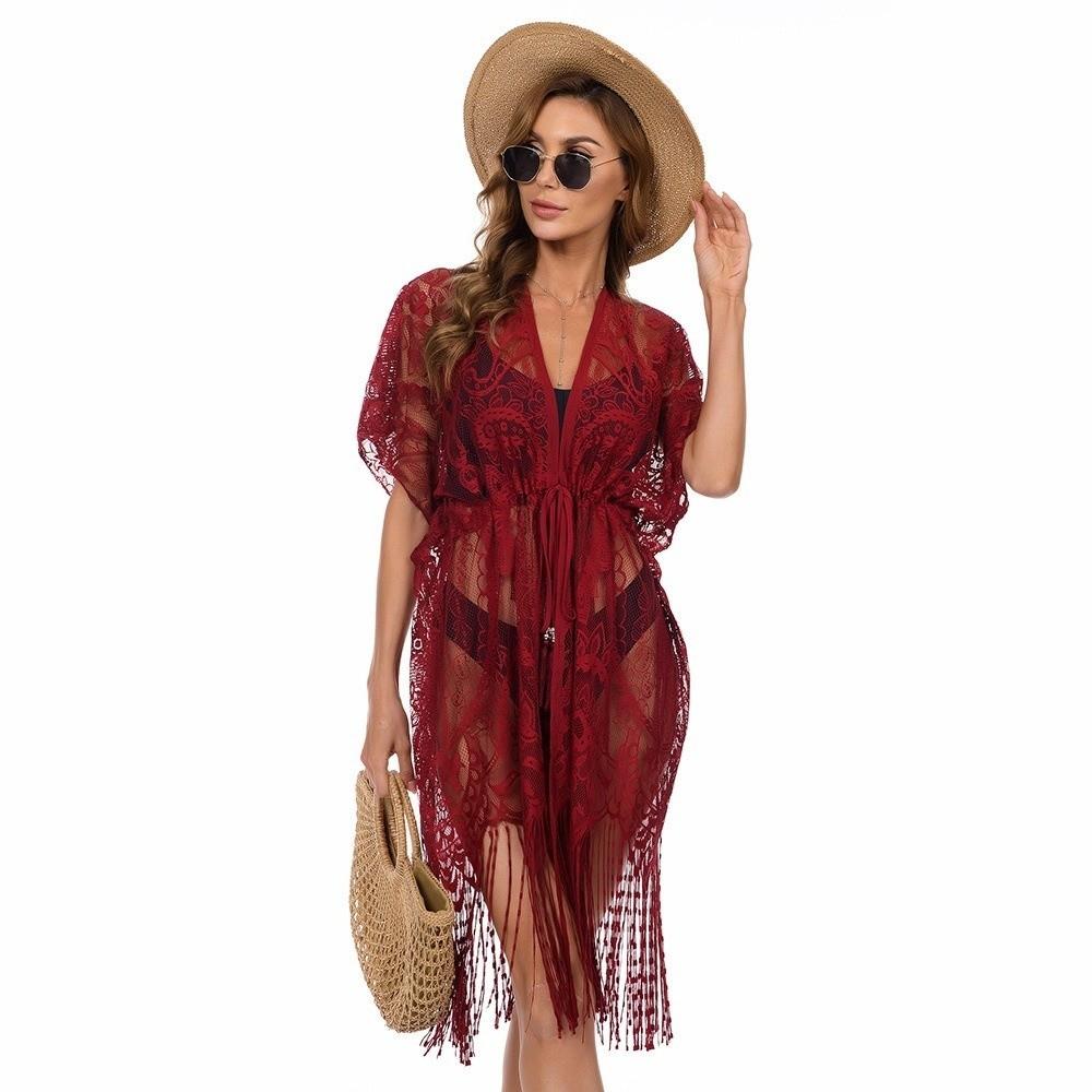 Lace Mesh Bohemian Shawl Tassel Sun-Protective Top Elegant Swimsuit Cover Up Vacation
