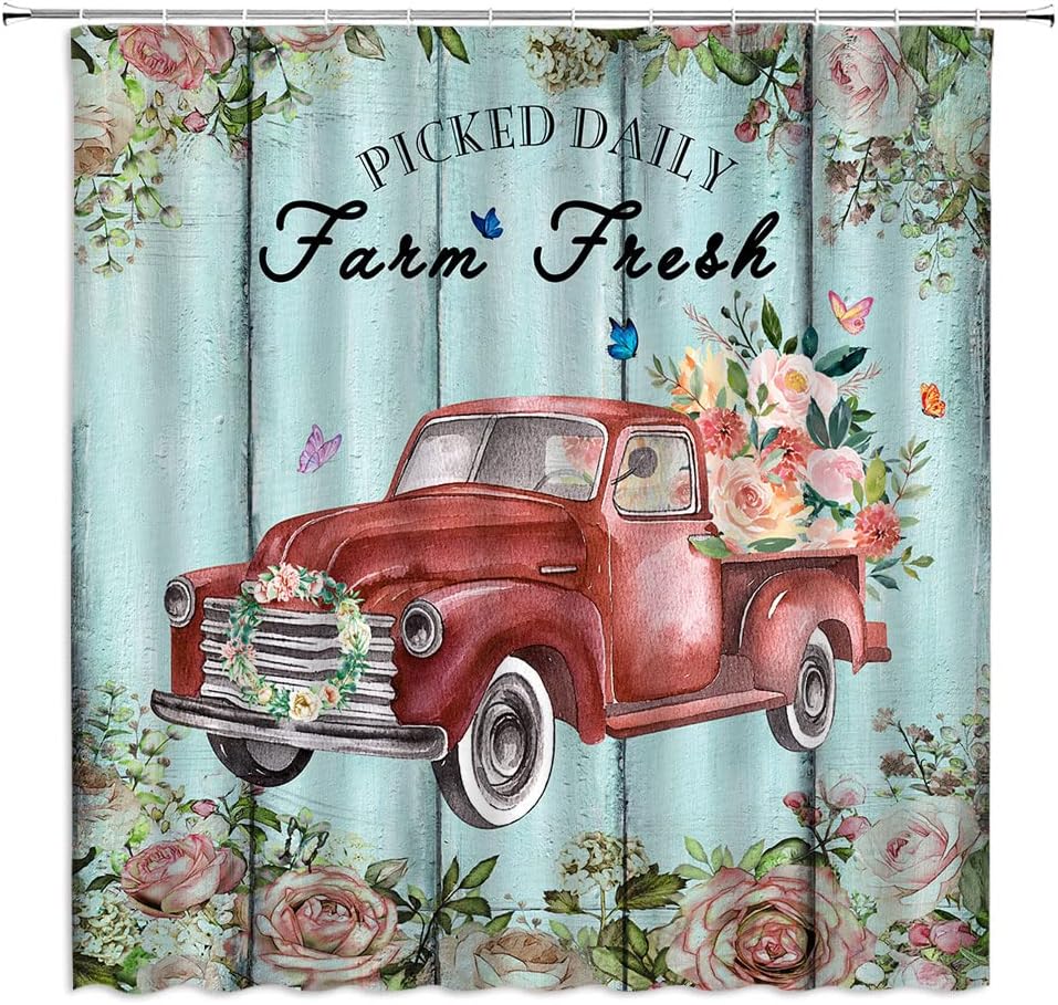 

Rustic Framhouse Truck Flower Shower Curtain Farm Fresh Flower Blue Teal Truck On Rustic Vintage Wooden Retro Country Style W60H190(CM)-1 Pcs