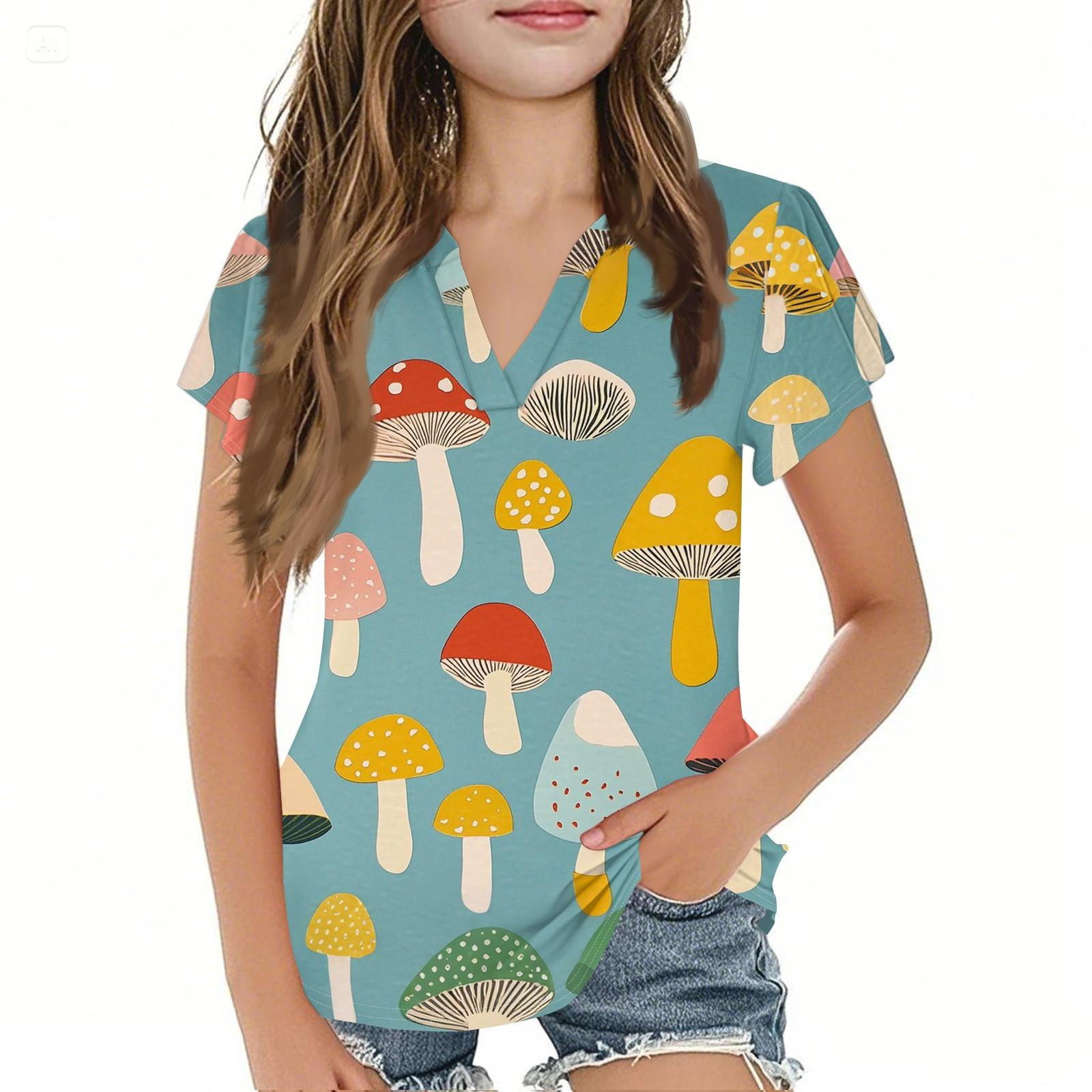 

Літня дитяча повсякденна модна футболка з коротким рукавом, V-подібним вирізом та милим принтом для дівчаток 150