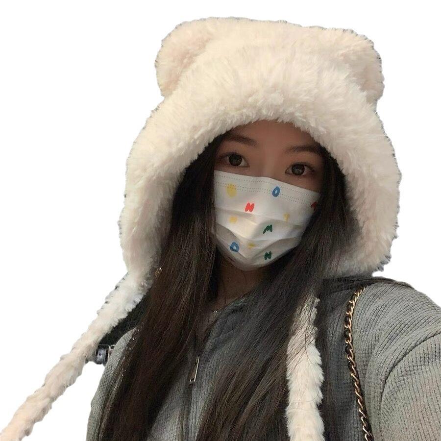 Plush Bear Hat Women's Winter Thickened Warm Knitted Hat Ear Protection Warm Wool Hat Windproof Cycling Lei Feng Hat