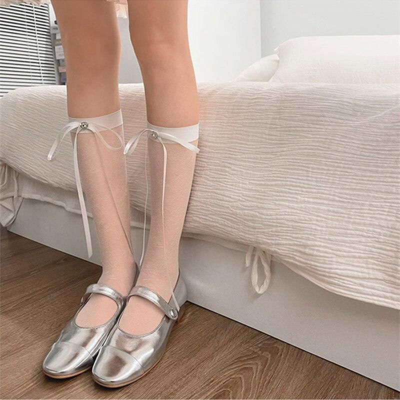 

Балетный стиль Бандаж Бант Гольфы Чулки Ультратонкие прозрачные хрустальные шелковые носки Стразы JK Lolita Girls Чулки