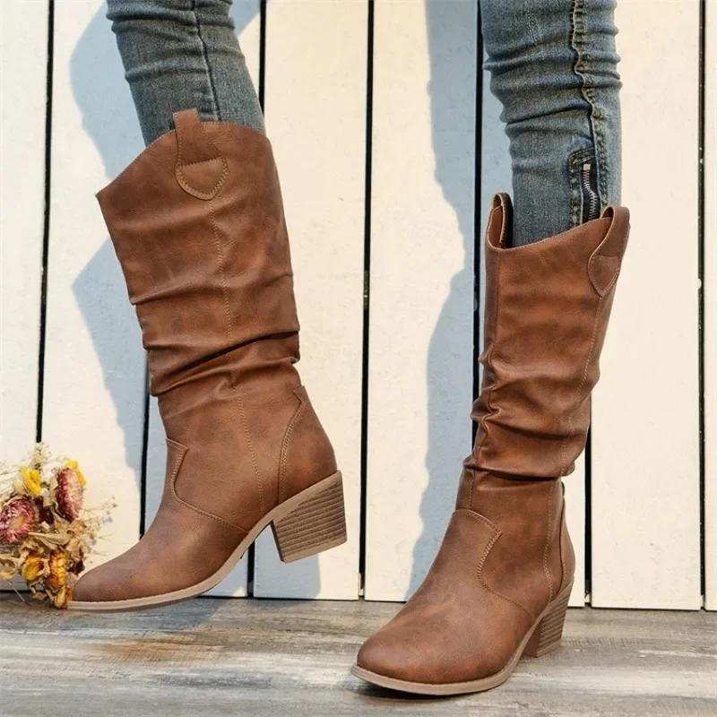 2025 New Autumn Winter Shoes for Women Slip-on Fashion Women Boots Sewing Daily Round Toe Square Heel Boots Women Botas De Mujer