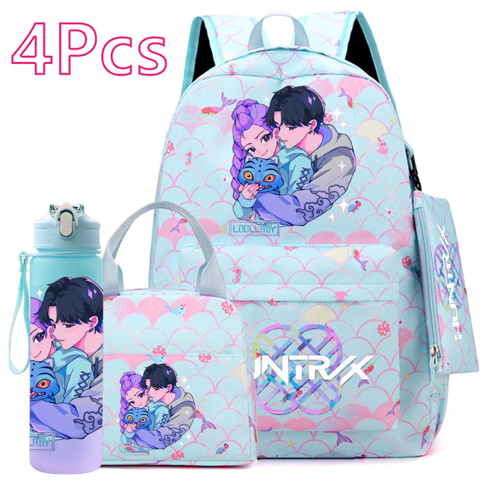 4Pcs/set Anime Cute Printed Backpack Large Capacity Bookbag HandBag Case Bag with 750ml Water Bottler Boy Girl SchoolBag Waterproof Mochila
