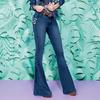 Plus Size Women Vintage Flare Jeans?Lace Up Bow Skinny Wide Leg Denim Pants