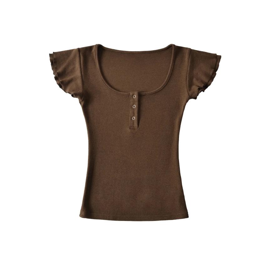 U-neck short-sleeved T-shirt women's summer new Spice Girl style solid color slim-fitting and thin short hidden button bottoming shirt top