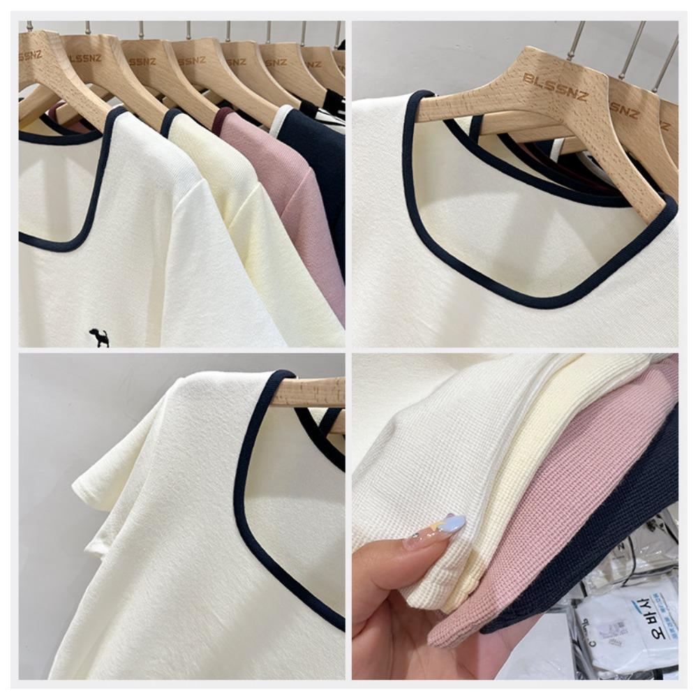 White Puppy Embroidered Cotton Square Collar Short Sleeve T-shirt Women's Summer Loose Top