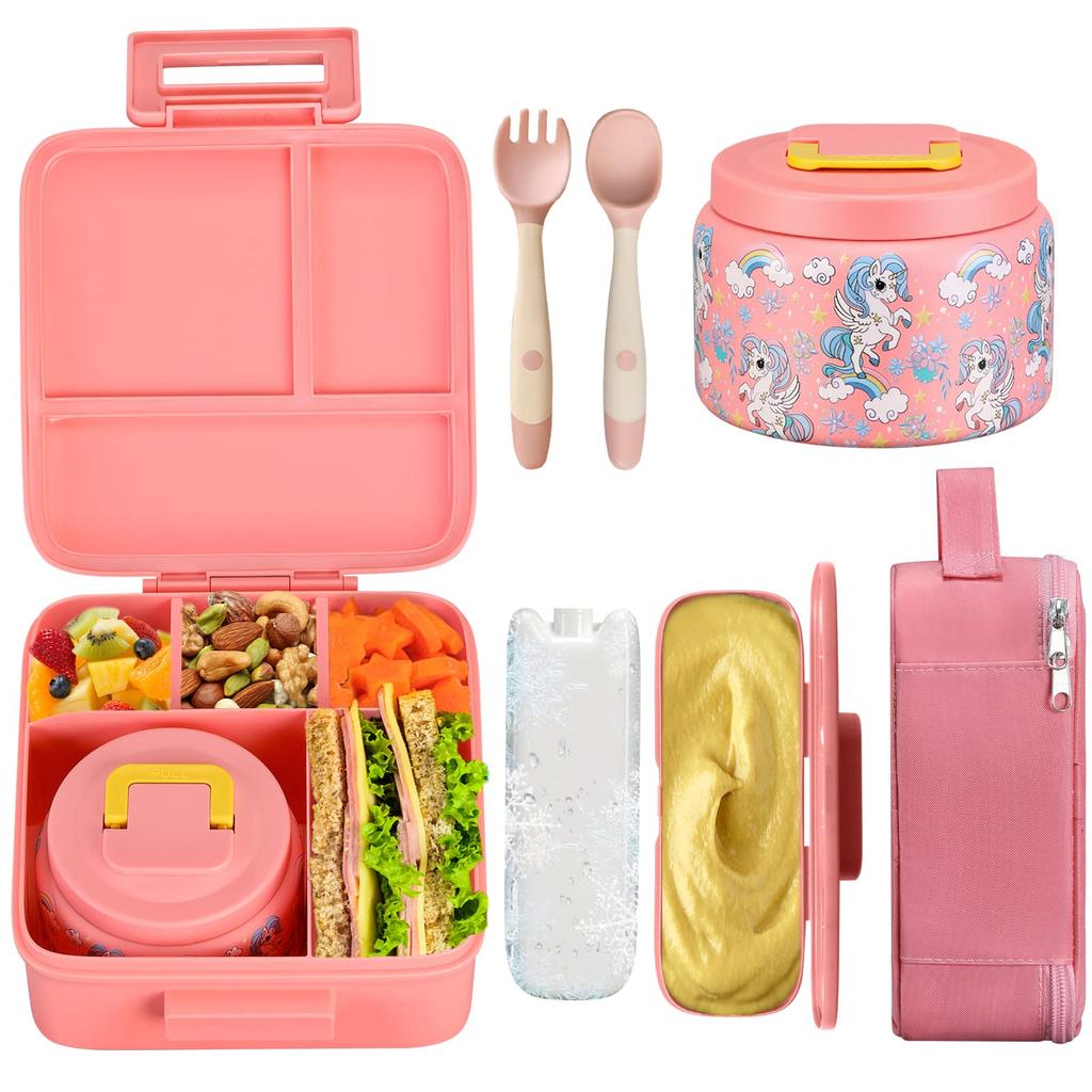 Bento-Lunchbox für Kinder mit isoliertem 237-ml-Vakuum-Lebensmittelbehälter, Lunchtasche, Kühlakku und biegsamer Gabel und Löffel, auslaufsicher