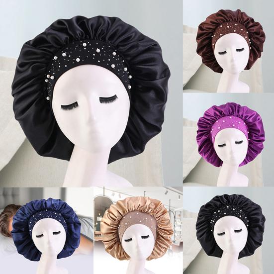 Women Bonnet Cap Solid Color Faux Pearls Rhinestone Elastic Band Bouffant Hat for Hair Salon