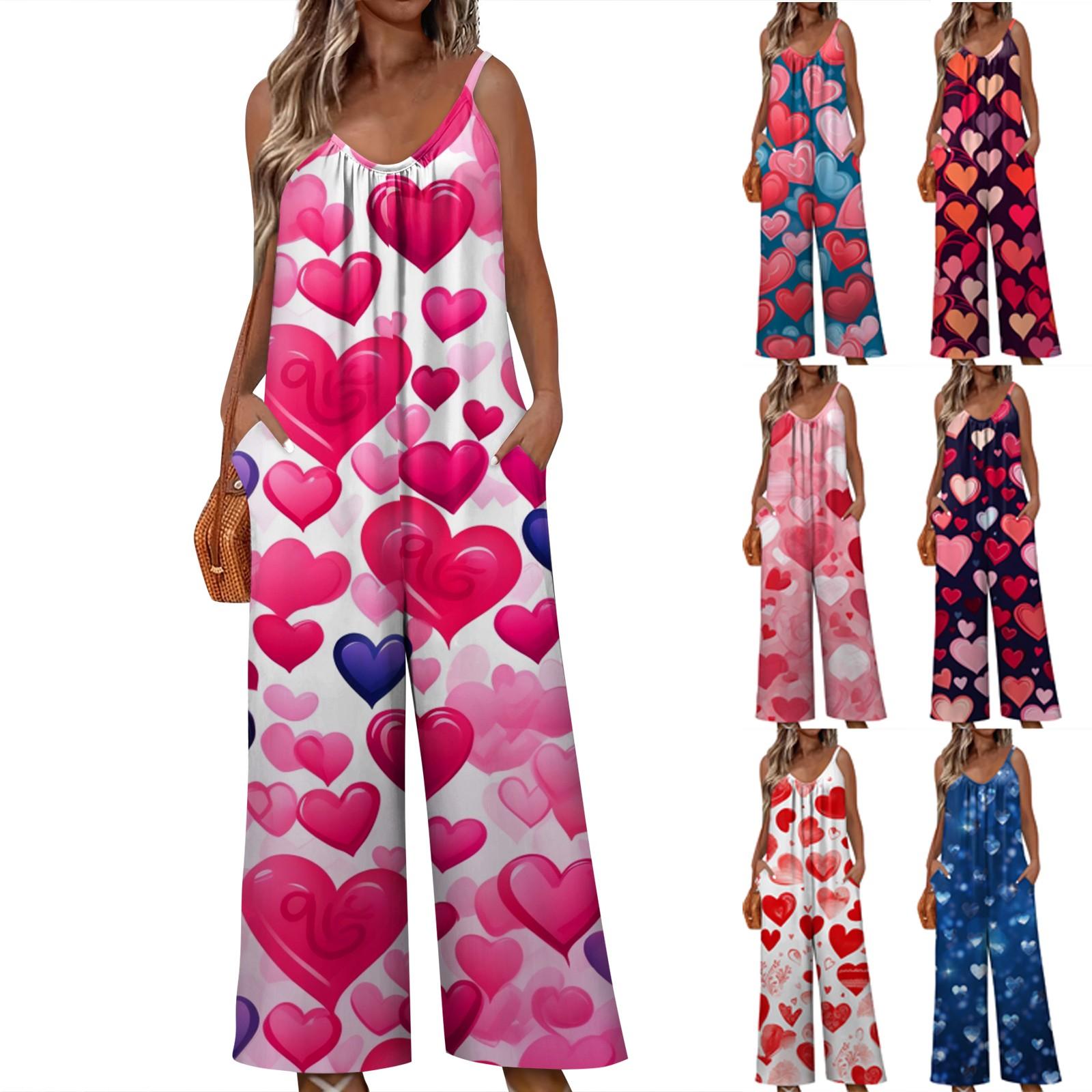 

Женский комбинезон с принтом на День святого Валентина, повседневный свободный комбинезон с регулируемыми подтяжками