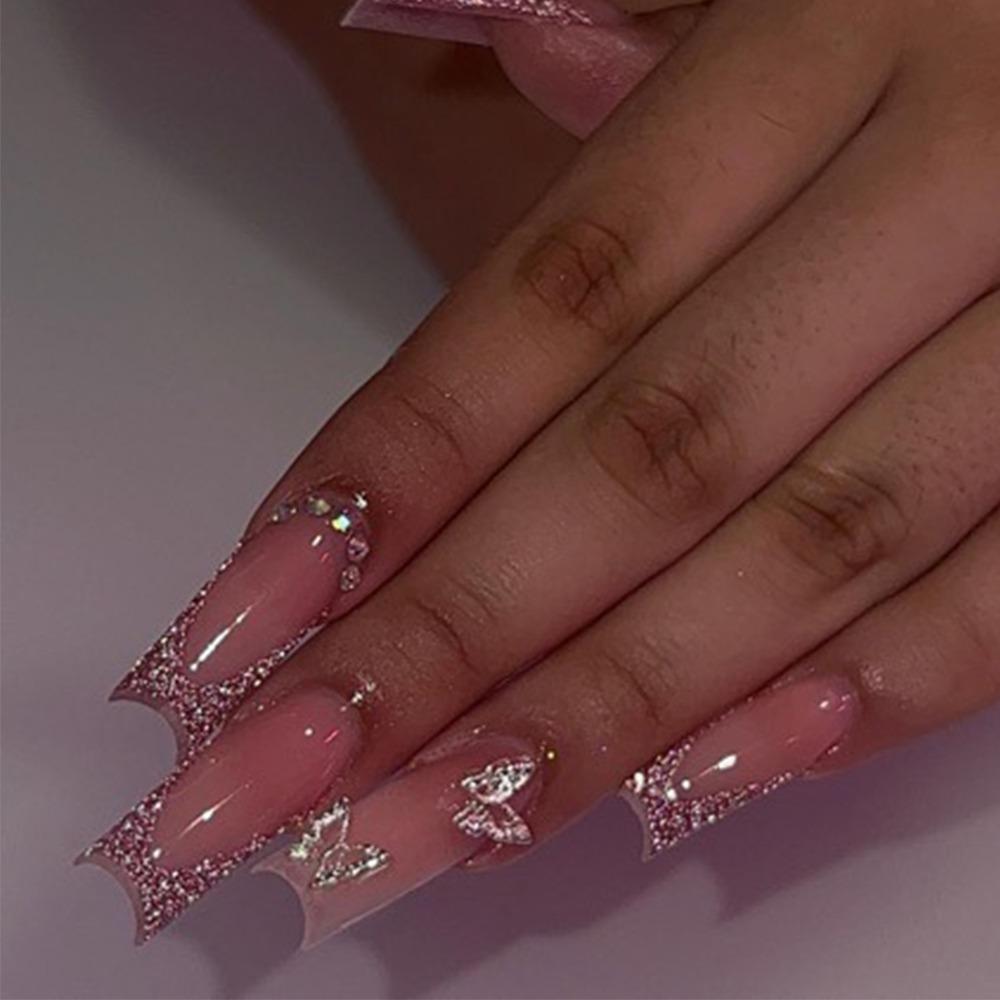 Künstliche Nägel Set – 24 Stück Ballerina-Form Mit Glitzer, Rosa & Leopardenmuster, Inkl. Kleber & Feile