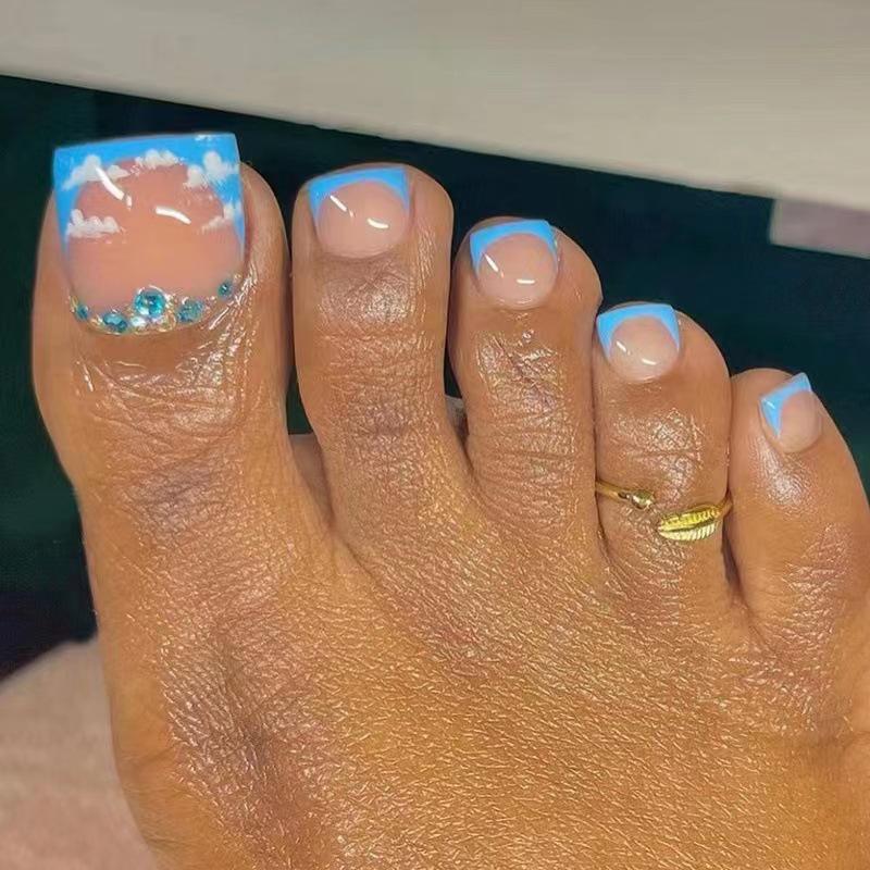 

Removable Rhinestone French Toenail Stickers - Blue Sky & White Clouds Design