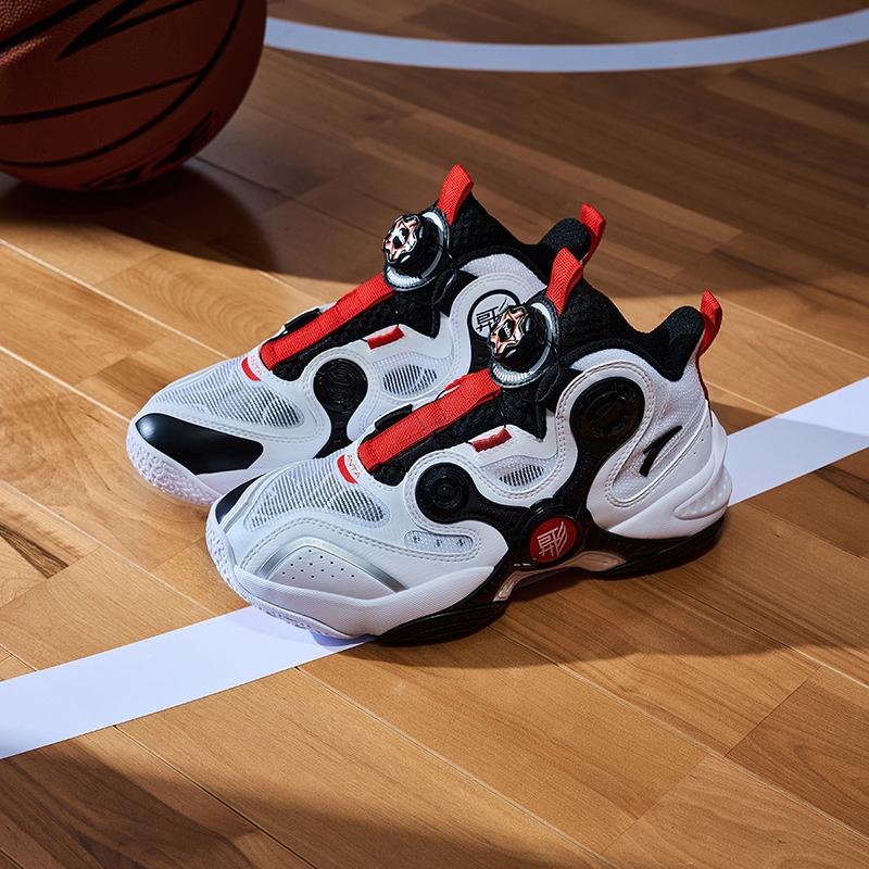 Anta Kids Asymmetrical 4.0 Comfortable Versatile Non-Slip Wear-Resistant Mid-Top Basketball Shoes Kids Basketball Shoes White Black 312431121-1