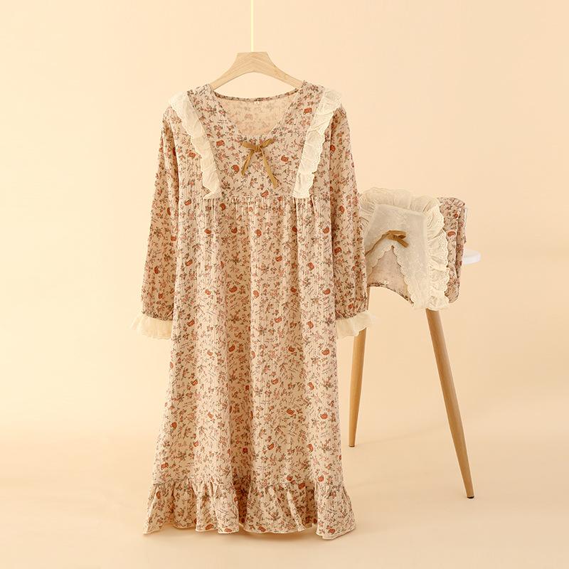 Cotton crepe pajamas women's spring and summer long-sleeved home skirts soft retro loose pajamas loungewear thin