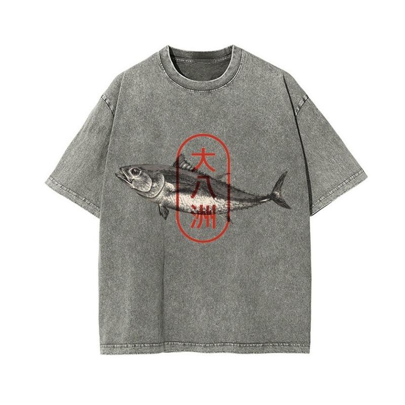 Summer Fashion 100% Cotton Washed Acid T-shirts  Great Eight Islands of Japan Tuna Fish Vintage Wash Japanese Design Tees