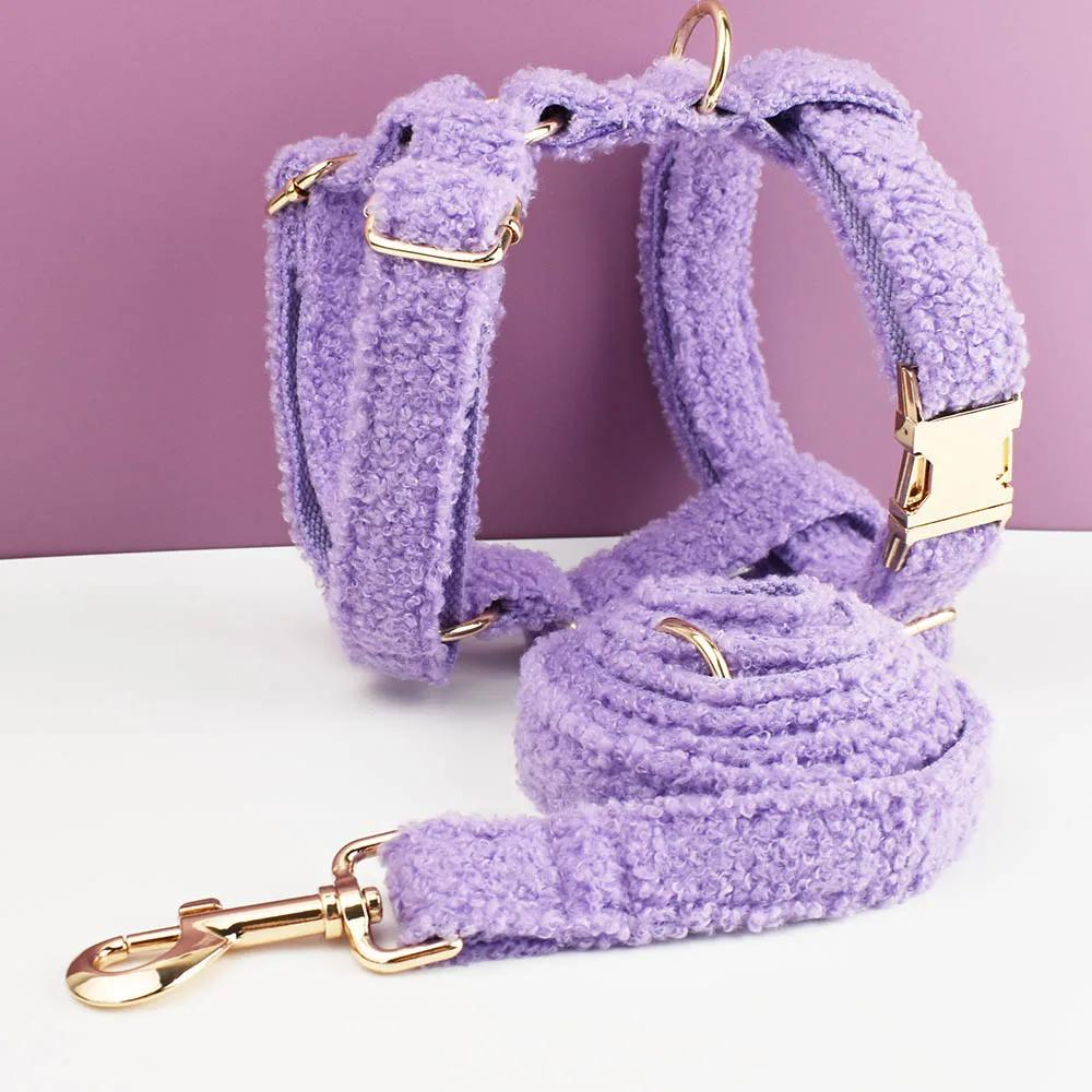 Soft Sherpa Fleece Dog Collar Leash Harness Set Adjustable Personalized Puppy Bowtie Collar for Small Large Dogs